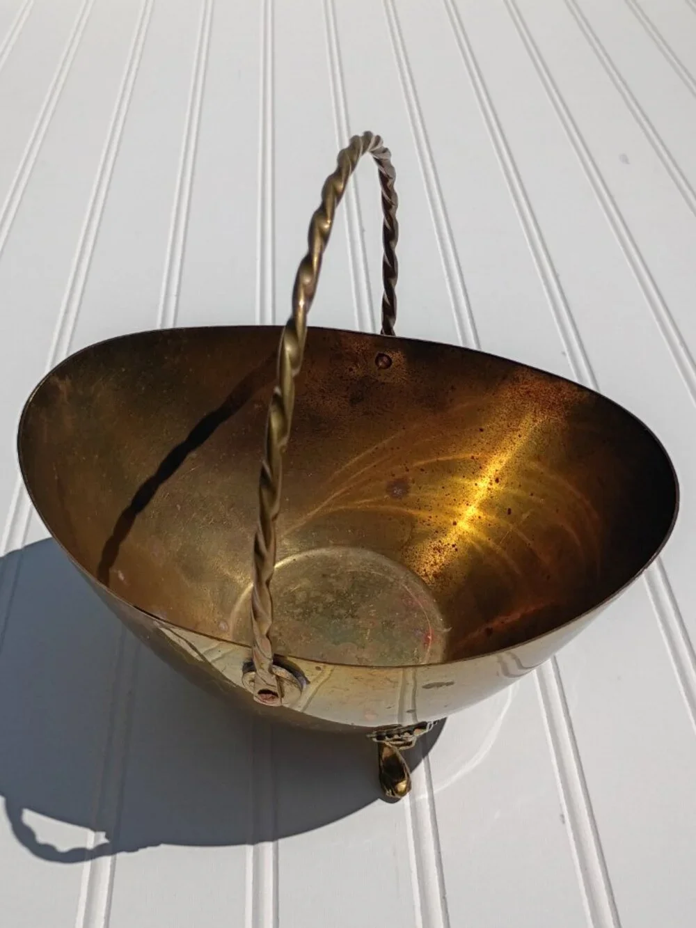 Vintage Brass Footed Basket Bowl Twisted Handle Decorative MCM 8-inch Planter